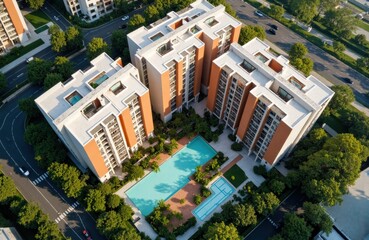 Modern residential apartment complex with swimming pool and recreational area