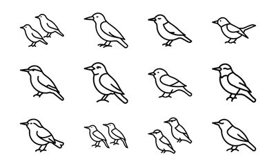 Collection of Bird Silhouettes in Line Art Style – Flying Birds, Pairs of Birds, Flocks, and Individual Bird Icons on White Background