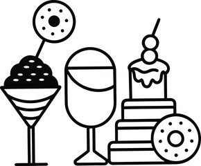 Black and white line art of layered cake ice cream cone and donuts vector