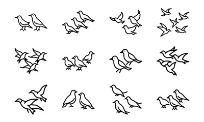 Collection of Bird Silhouettes in Line Art Style – Flying Birds, Pairs of Birds, Flocks, and Individual Bird Icons on White Background