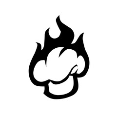 Minimalist chef hat silhouette combined with fire flames, bold black and white vector design, perfect for restaurant branding, cooking logo, or creative food-related concepts.