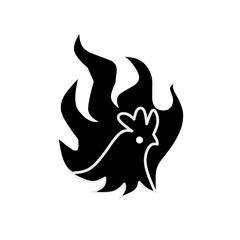 Silhouette of a rooster head combined with fire flames, bold black and white vector illustration, perfect for spicy food branding, chicken logo, or strong creative designs.