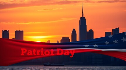 Silhouette of the New York skyline with Twin Towers against the sunset with USA flag. September 11, 2001. American Patriot Day banner. We will never forget