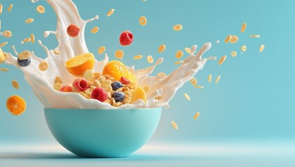 Cereal, fruit, and milk in a bowl, splashing