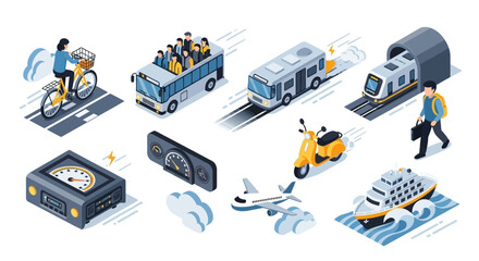Isometric collection of diverse transportation methods bikes, buses, trains, planes, scooters, and ships. Depicts urban and global mobility solutions