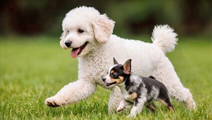 Fluffy White Standard Poodle Leading Energetic Australian Cattle Dog Puppy Across Vibrant Green Lawn Playtime Outdoor Fun