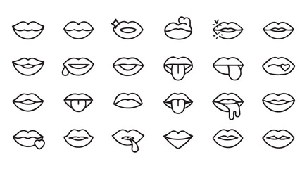 Collection of black and white lip icons with various expressions