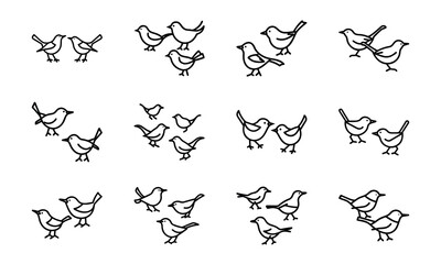 Collection of Bird Silhouettes in Line Art Style – Flying Birds, Pairs of Birds, Flocks, and Individual Bird Icons on White Background