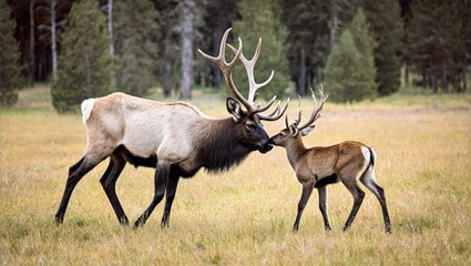 Fototapeta premium Bull Elk Gently Nuzzling Young Fawn in Meadow Tall Pines Behind Tender Bond Nature Wildlife Moment