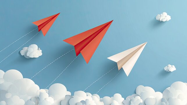 Red and white paper airplanes soar above clouds - Powered by Adobe