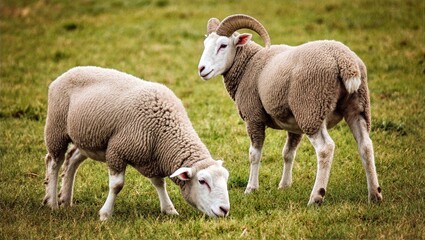 Obraz premium Young Lamb Grazing Beside Horned Ewe in Green Field Pastoral Farm Scene Rustic Agriculture Background