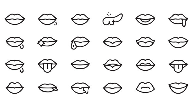 Diverse set of black and white line art icons representing lip expressions