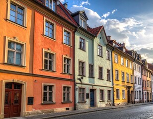 Fototapeta premium Row of Colorful Buildings with Orange Teal and Yellow Facades Under Bright Sky in Europe Classic Urban Architecture Warm Lighting,Cobblestone Street