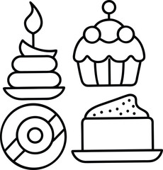 Minimalist black line drawing of stacked pancakes cupcake slice of cake and donut black and white simple