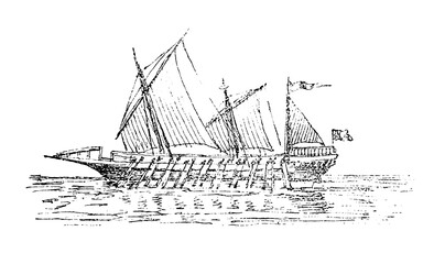 Medieval galley with two rows of oars, old vintage illustration, 1879 © Timofeeff