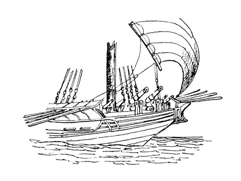 Medieval galley with a battering ram, old vintage illustration, 1879