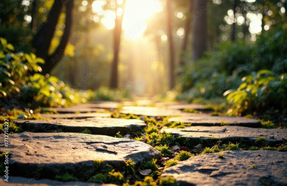 Poster sunlight filters through trees illuminating a stone pathway in a peaceful forest scene