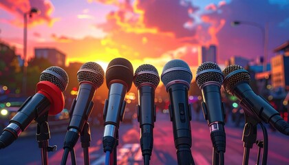 Row of Microphones on Stands Set Against a Vibrant Orange Sunset Sky in a Cityscape Backdrop