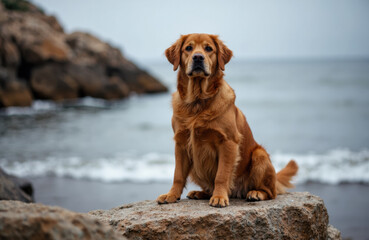 Golden retriever sitting on a rock by the sea with waves in the background