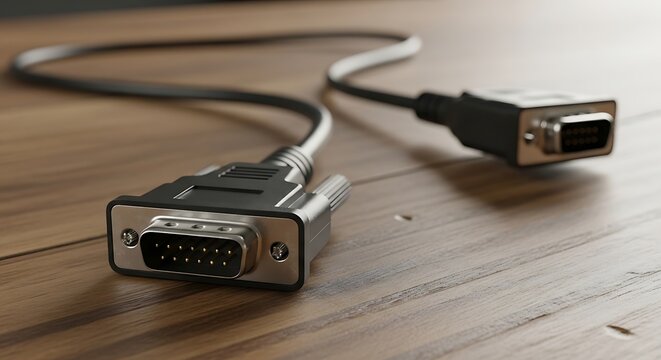 Two Serial DB9 Cables on Wooden Surface.