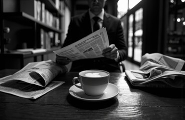 A businessman reading newspaper at a desk with coffee in a modern office setting