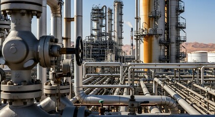 Industrial Refinery Complex with Pipes and Valves Under Sunlight.