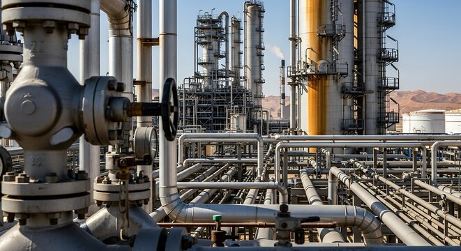 Industrial Refinery Complex with Pipes and Valves Under Sunlight. - Powered by Adobe