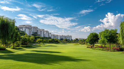 Obraz premium Lush green golf course landscape with manicured lawns and modern buildings under a vibrant blue sky with fluffy clouds creating a serene outdoor environment for recreation.