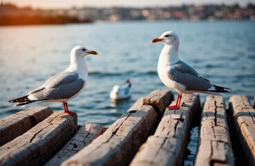 Obraz premium Seagulls standing on wooden dock by water during sunset