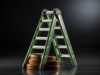 Visualizing Financial Downturn with Green Arrow Over Coins and Ladder