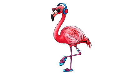 Isolated flamingo wearing heart sunglasses and headphones, tropical summer bird illustration