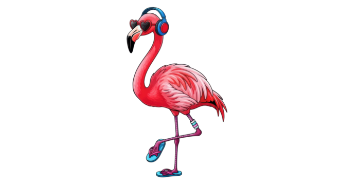 Isolated flamingo wearing heart sunglasses and headphones, tropical summer bird illustration