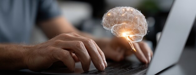 Businessman engages with advanced technology using AI icons and data flow, enhancing productivity in marketing and project management.