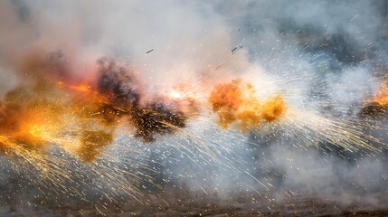 Fototapeta premium Explosion of fire and sparks with smoke spreading across the ground