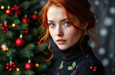 Woman with red hair wearing a Christmas sweater near decorated tree with ornaments and lights
