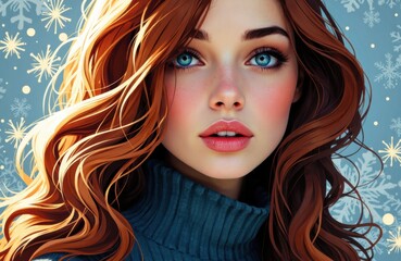 Obraz premium Woman with red hair and blue eyes wearing a dark turtleneck sweater against a winter snowflake background