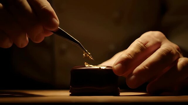 Chef Decorates Chocolate Petit Four with Gold Leaf