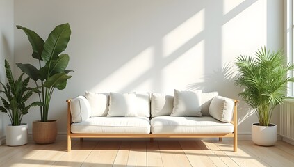 Cozy and peaceful still life with a coffee cup, a journal, and fresh flowers on a round white table, in a minimalist room.