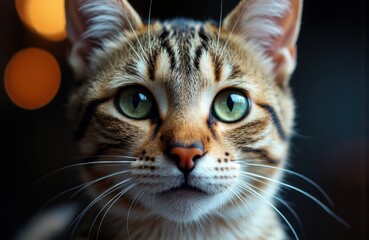 Close-up of a tabby cat with green eyes looking directly at the camera