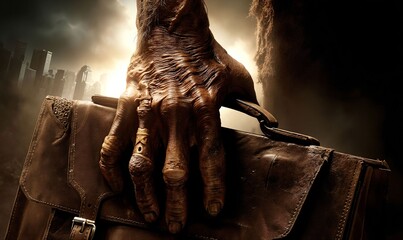 Giant Wrinkled Hand Gripping Worn Briefcase Amidst a Dystopian Cityscape in Darkness