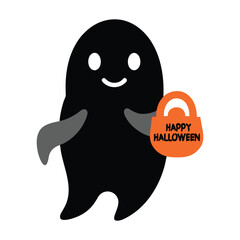 Happy Halloween Friendly Ghost with Candy Bucket Flat Vector