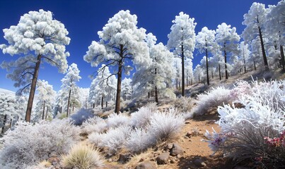 Frost-Covered Pine Forest Under Bright Blue Sky: A Serene Winter Landscape