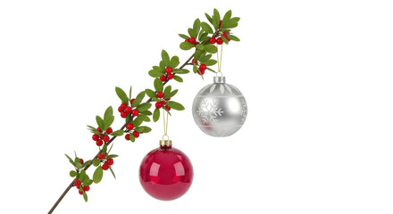 Isolated Christmas ornament baubles hanging from branch with red berries, holiday season