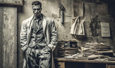 Horrific Scientist in Grunge Lab: A Haunting Scene of Decay and Mystery