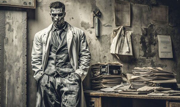 Horrific Scientist in Grunge Lab: A Haunting Scene of Decay and Mystery