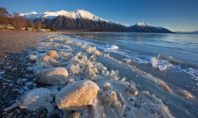 Icy Shoreline with Frosted Rocks and Snow-Capped Mountains Under a Serene Morning Sky