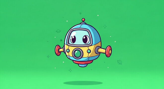 Cute friendly cartoon robot spaceship exploring outer space with stars and planets