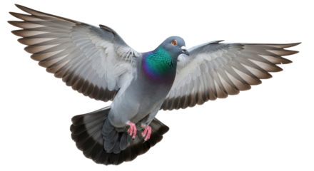 Isolated flying pigeon, rock dove in midair with wings spread, front view against bright backdrop