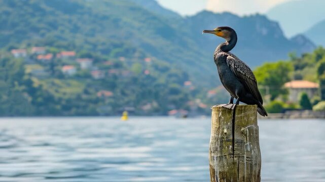 A bird sits on a post overlooking a calm body of water, great for nature or wildlife scenes