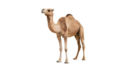 Isolated dromedary camel standing tall, portrait of one-humped desert animal, sand tones fur